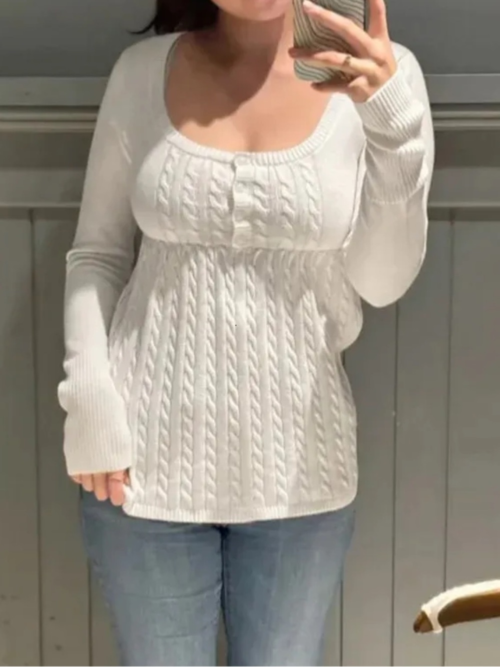 HOLLISTER Easy Long Sleeve Square Neck Baby Doll White Knit Sweater Women’s XL